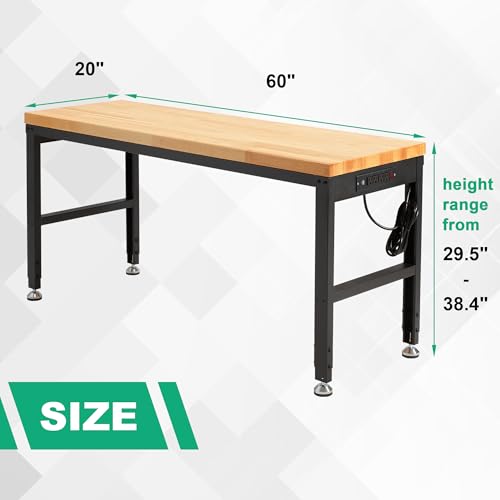 HABUTWAY Height Adjustable Workbench, 60"x20" 2000 Lbs Capacity Solid Wood Work Station Heavy-Duty, with Power Outlets, for Garage Party Shop Office - size: 60"x20"x38.4"