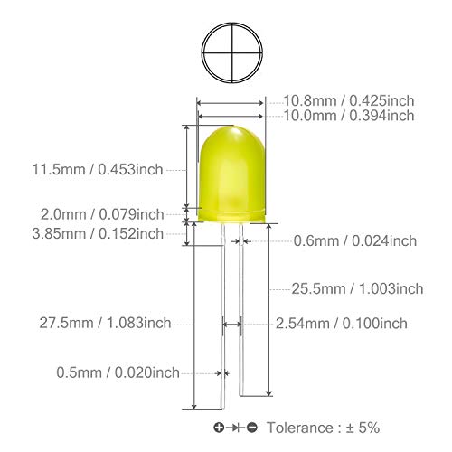 CHANZON 50 pcs 10mm Yellow Diffused LED Diode Lights (DC 2V 20mA) - color: I) Yellow-yellow (50pcs)