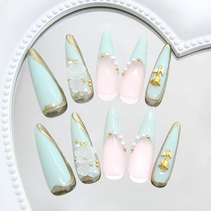 Almond Press on Nails Medium Fake Nails Light Blue French Tip Acrylic False Nails with Charms and 3D Swirl Designs Nails Press ons Reusable Stick on Nail for Women 24Pcs - color: Style12
