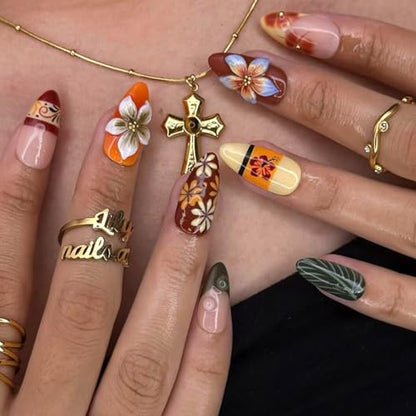 Almond Press on Nails Long Orange Fake Nailwith 3D Flowers Designs Acrylic Nail Press ons Classic Daisy Stick on Nails for Women 24pcs - color: Color01