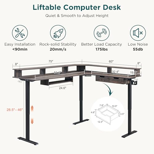 RedLemon 75x60 Inches L Shaped Electric Standing Desk, Dark Rustic Oak - color: Dark Rustic Oak, size: 75"X60"