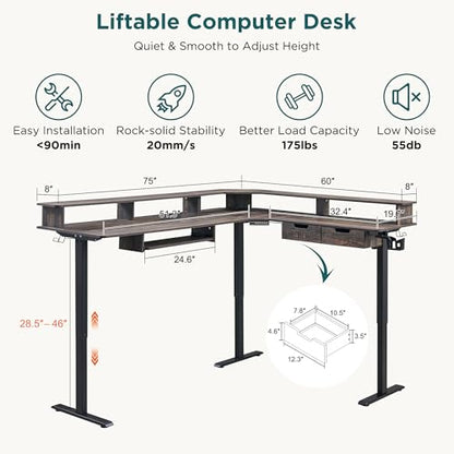 RedLemon 75x60 Inches L Shaped Electric Standing Desk, Dark Rustic Oak - color: Dark Rustic Oak, size: 75"X60"