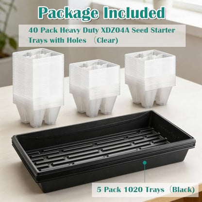 RooTrimmer 5 Pack Heavy Duty 1020 Trays and 40 Pack Clear 4 Cell Seed Starter Trays with Large Drainage Holes, Easy Transplant - for Seed Germination & Plant Propagation (5 Sets)