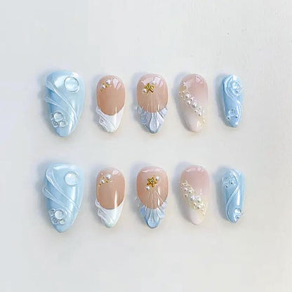 Blue Press on Nails Almond Short Cute Pearl Charms Press on False Nails and Gold Stars Water Drop Stick on Nail for Women - color: Color42