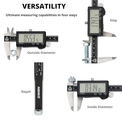 NEIKO 01401A 6-Inch Electronic Digital Caliper, Stainless Steel, Extra Large LCD Screen, Measurement Conversions for Inches, Millimeters, and Fractions - size: 6 Inch, XL Screen, style: Stainless Steel