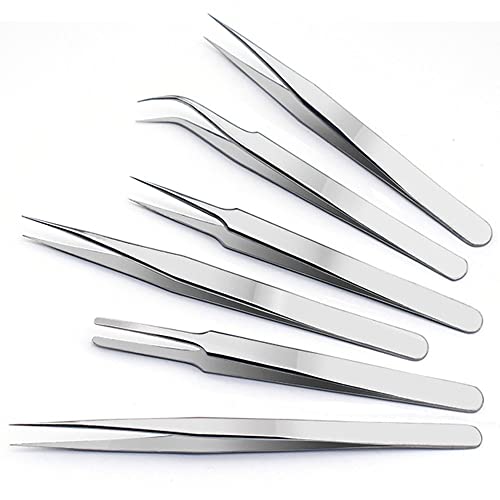 H&W Precision Tweezers 6PCS Set, Anti-Static Steel Curved of Tweezers - color: Silvery