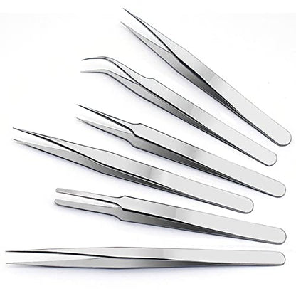 H&W Precision Tweezers 6PCS Set, Anti-Static Steel Curved of Tweezers - color: Silvery