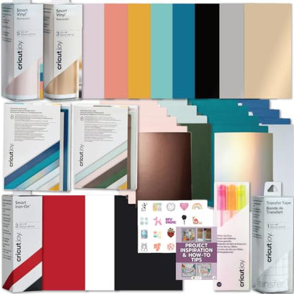 Cricut Deluxe All‑in‑One Sampler Kit for Cricut Joy Machines- 40+ Piece Bundle with Vinyl, Heat Transfer Vinyl, Card Sets with Pens & Instructional Guides, Beginner Die-Cutting Machine Materials Pack - color: Deluxe Sampler