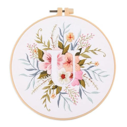 IUHUI Embroidery Kit for Beginners Adults - 26 Floral Letters Easy Patterns, DIY Hand Stitching Embroidery Set with Hoop (Flower and Grass Letter U) - color: Flower and Grass Letter U