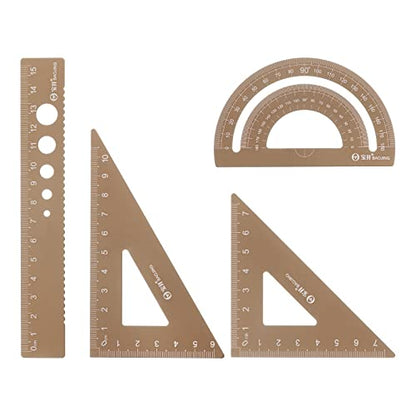 HARFINGTON 4pcs Geometry Set 15cm Metric Measure Laser Engraving Aluminum Ruler Metal Ruler Set Triangle Protractor Ruler Tool Set for Classroom, Office, Home, Golden Brown - color: Golden Brown