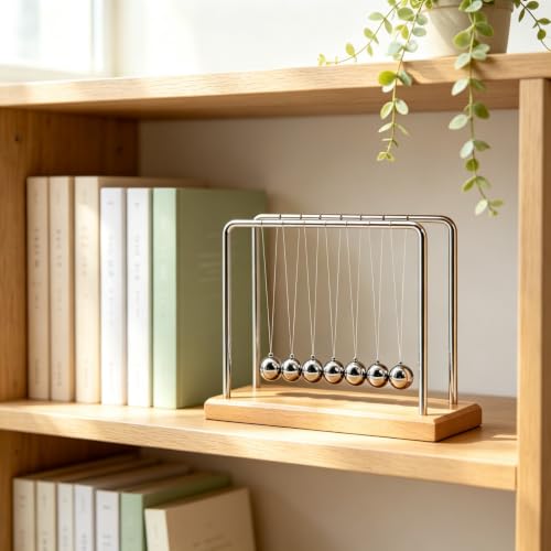 Newtons Cradle Balance Pendulum Balls, Swinging Kinetic Balls with Beech Base, Science Physics Educational Learning Tool, Office Home Creative Decoration, Stress Relief Fidget Desk Toy (Large) - size: Beech Base Large - 7 Balls