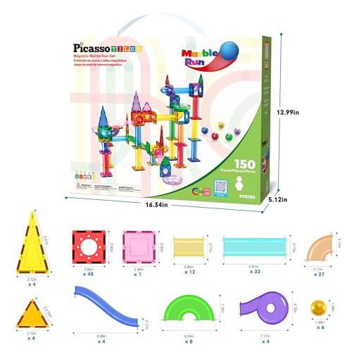 PicassoTiles 150pc Magnetic Marble Run Track Set STEM Construction Toy with Slides Ramps and Tubes Educational Magnet Tile Building Kit Kids Age 3 Plus Learning Gift for Boys Girls Preschool PTG150 - color: Marble Run 150 Pcs