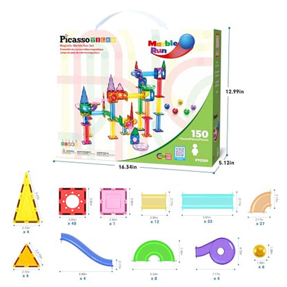 PicassoTiles 150pc Magnetic Marble Run Track Set STEM Construction Toy with Slides Ramps and Tubes Educational Magnet Tile Building Kit Kids Age 3 Plus Learning Gift for Boys Girls Preschool PTG150 - color: Marble Run 150 Pcs