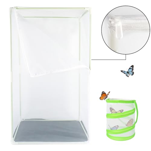 2Pcs Butterfly Habitat kit, Monarch Butterfly Mesh Cage, Butterflies Enclosure for Outdoors, Insect Growing Garden Habitat 16.6x16.6x30.4 inch, Folds Flat (White Green)