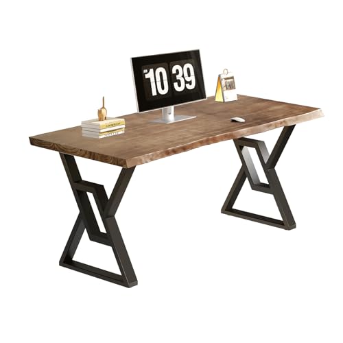 55 Inch Real Wood Desk for Home Office, Solid Pine Writing Desk with Natural Live Edge, Rustic Computer Desk with Industrial Metal Legs, Large Workstation Table for Study, Gaming and Dining - size: YC-2
