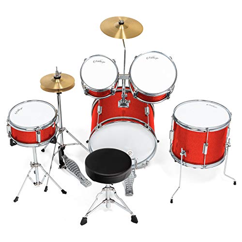 Ashthorpe 5-Piece Complete Kids Drum Set with Genuine Brass Cymbals - Junior Beginner Kit with 16" Bass, Throne, Hi-Hats, Pedals & Drumsticks - Red - color: Red