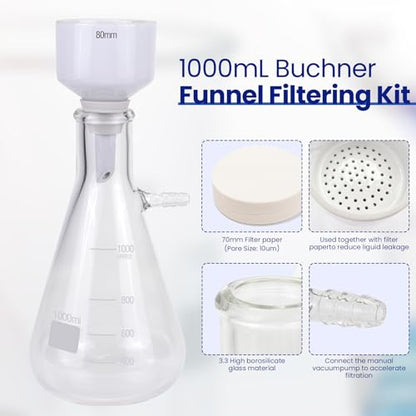 1000ml Buchner Vacuum Filtration Kit - 3.3 Glass Flask & Hand Pump - size: 1000ML