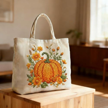 ARTopet Embroidery Tote Bag Kit for Beginners Flower Canvas Cross Stitch Handbag with Hoops Needles Threads Reusable Grocery Bag for Women-Pumpkin - color: Pumpkin
