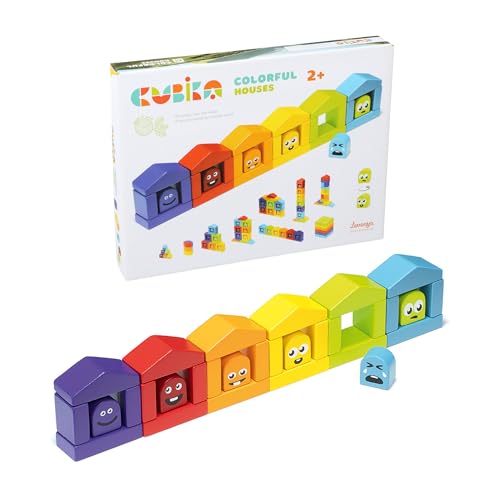 CUBIKA Wooden Construction Set Colorful Houses – 24-Piece Construction Play Set with Emotion Characters for Toddlers 2+– Montessori Toy for Creativity, Cognitive Development, and Emotion Recognition - style: Construction Set