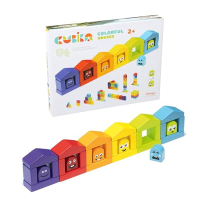 CUBIKA Wooden Construction Set Colorful Houses – 24-Piece Construction Play Set with Emotion Characters for Toddlers 2+– Montessori Toy for Creativity, Cognitive Development, and Emotion Recognition - style: Construction Set