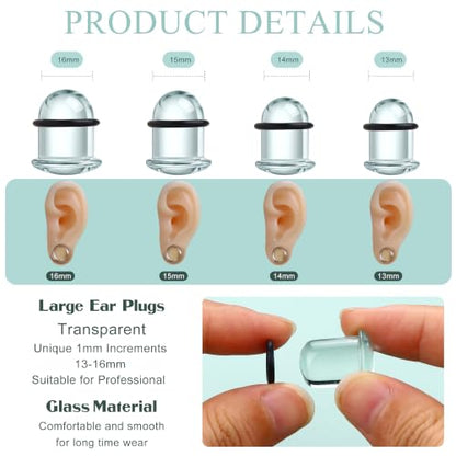 GEMQUEEN 24 Pcs 0.5mm Increments Glass Ear Stretching Kit Hypoallergenic - color: Clear, size: 13mm-16mm | 8pcs