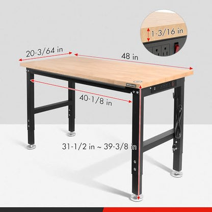 WORKPRO 48" Adjustable Workbench, Rubber Wood Top, 2000 LBS Capacity - size: 4FT workbench