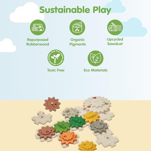 PlanToys® Wooden Gears & Puzzles Set Montessori STEM Kids Educational Toy - color: Gears & Puzzles Set