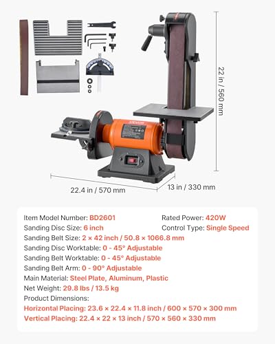 VEVOR 6" Disc Sander & 2" x 42" Belt Sander, 420W Professional Bench Belt Disc Sanders Combo with Multiple Angle Adjustments for DIY Woodworking, Furniture Refinishing, Knife Sharpening - size: 6" Disc & 2" x 42" Belt Sander Combo