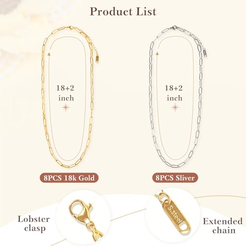 Wisreach 16 PCS 18K Gold Plated Paperclip Necklace — 18 Inch Stainless Steel Necklace Chains with 2 Inch Extender for Jewelry Making, Durable & Tarnish-Resistant Charm Chains for Women (Gold & Silver) - size: Size 2