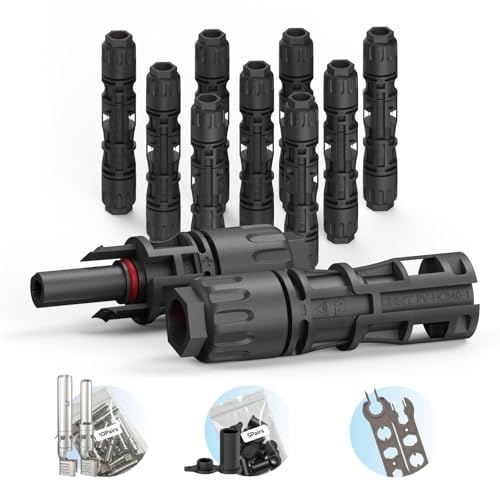 CHINT UL 6703 & TÜV Certified Solar Panel Connectors (10 Pairs), 1500V 46A DC MC4-Compatible PV Cable Connectors Kit for 10/12 AWG Solar Wire with Dust Caps & Spanners - size: 10 Pairs 10AWG 46A
