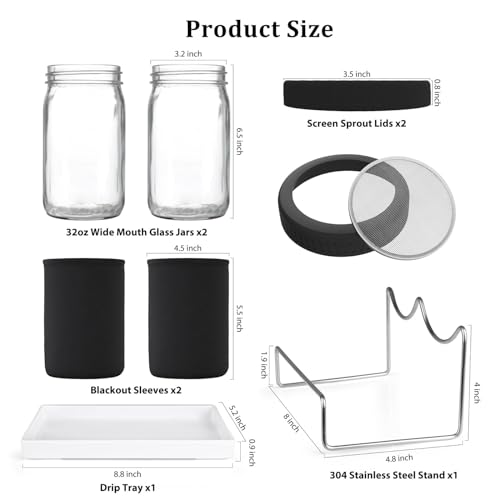 Kitmiido Organic Seed Sprouting Jar Kit – 2 × 32 oz Wide-Mouth Mason Jars with Stainless-Steel Sprouter Lids & Stand, Blackout Sleeves, Drain Tray – Grow Broccoli, Alfalfa & Bean Microgreens - color: Black