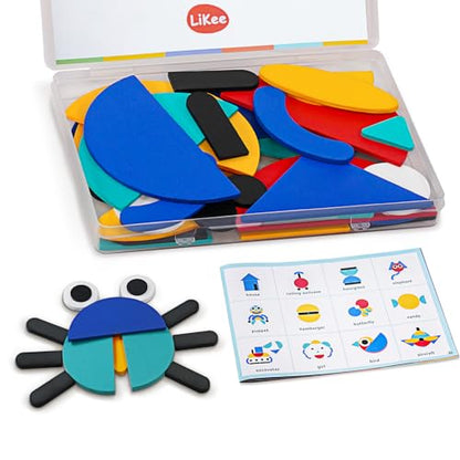 LiKee Wooden Shape Puzzle, 36 Blocks& 1 Booklet, Montessori Toy for Kids 3+
