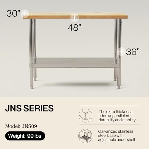 John Boos JNS09 Maple Wood Top Stallion Work Table, Galvanized Legs, Adjustable Lower Shelf, 1-1/2" Thick, 48" Length x 30" Width - size: 48"L x 30"W x 36" H, style: Steel Base