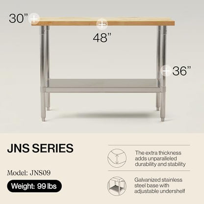 John Boos JNS09 Maple Wood Top Stallion Work Table, Galvanized Legs, Adjustable Lower Shelf, 1-1/2" Thick, 48" Length x 30" Width - size: 48"L x 30"W x 36" H, style: Steel Base