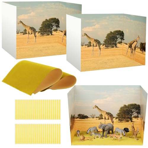 AmazingSpark 2 Set Grassland Diorama Box and Fake Grass Decor, Africa Safari Animal Diorama Project Supplies Set, Cardboard Display Case Kit & Artificial Grass with Double Sided Tapes for DIY Crafts - style: Grassland