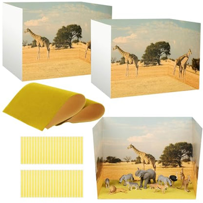AmazingSpark 2 Set Grassland Diorama Box and Fake Grass Decor, Africa Safari Animal Diorama Project Supplies Set, Cardboard Display Case Kit & Artificial Grass with Double Sided Tapes for DIY Crafts - style: Grassland