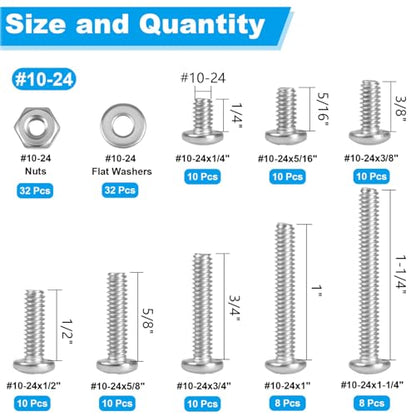 140pcs #10-24 Phillips Pan Head Machine Screws Nuts Washers Kit - size: #10-24