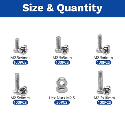 530Pcs 304 Stainless Steel Metric Micro Screws Nuts Assortment, M2.5x4/5/6/8/10mm Sizes, Phillips Pan Head, Fully Threaded Kit for Arduino, RC Models, Electronics, DIY Projects - size: M2.5x4/5/6/8/10- 530 Pcs
