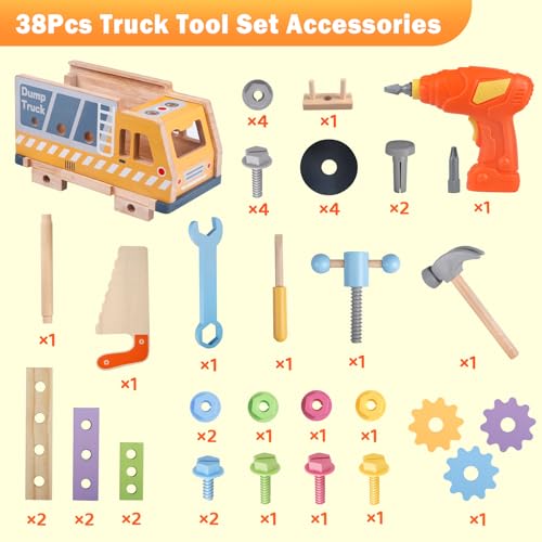 38-Piece Wooden Toddler Tool Set with Toy Drill and Truck Toolbox, Ages 3+ - style: Truck Tool Set