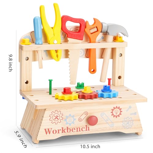 REXBETI Kids Tool Set, Wooden Toddler Tool Bench, Pretend Construction Kit