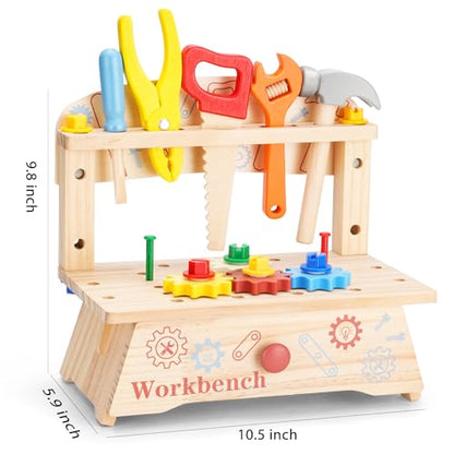REXBETI Kids Tool Set, Wooden Toddler Tool Bench, Pretend Construction Kit