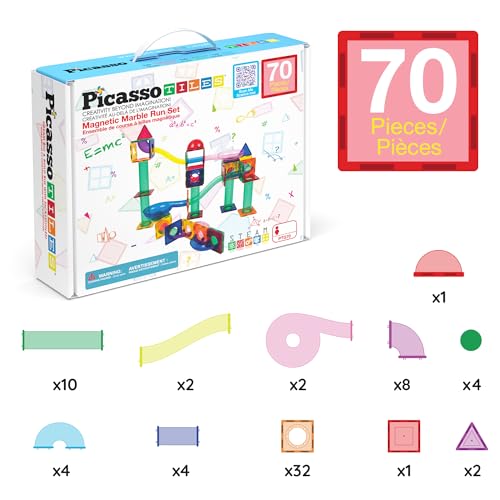 PicassoTiles 70 Piece Marble Run Magnetic Tiles Race Track STEM Ages 3+ - style: Marble Run 70pcs