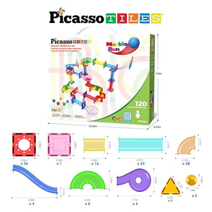 PicassoTiles 120 PCS Magnetic Tile Marble Run STEM Construction Set Ages 3+ - color: 120 Piece Marble Run