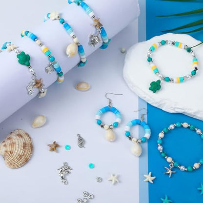 UPINS 2100Pcs Ocean Beads Bracelet Making Kit,Summer Beach Beads for Jewelry Making Sea Shell Blue White Turquoise Starfish Turtle Charms for Summer DIY Craft Gift - color: Blue White