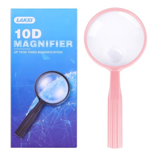 Lakei 10X Handheld Reading Magnifier Glass, Non-Slip Handle,75mm(Pink) - color: Pink, size: 75mm
