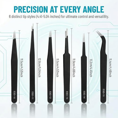 6-Piece ESD Precision Tweezers Set, Stainless Steel Fine Tip for PCB Repair
