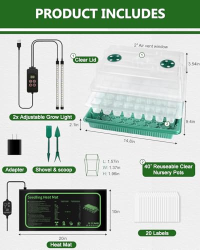 joyhalo 40 Cell Seed Starter Kit with Grow Light and Heating Mat - size: 40 Cell