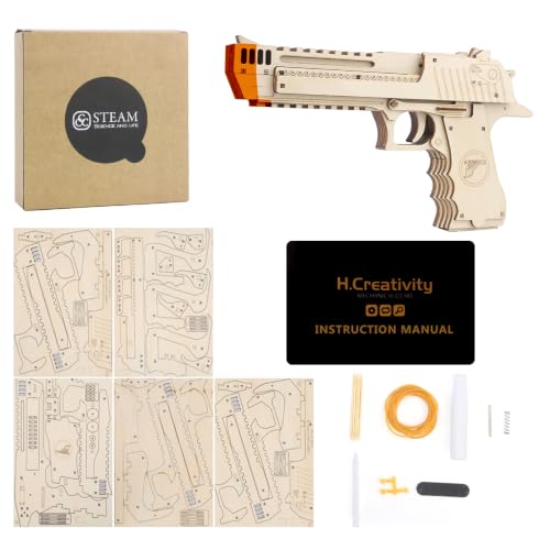 VJOALIN 3D Wooden Puzzles, Desert Eagle Wood Puzzles Gun Rubber Band Pistol Toys Machinery Model Best Present Puzzle for Adults