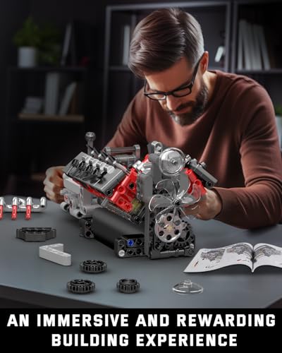 Mould King 10225 V8 Engine Model kit that Runs- Build Your Own STEM V8 Model Engine with Transmission, 8-Cylinder Car Engine kit Building Engineering Toys for Adults Collections (855+PCS) - style: MK-10225 engine