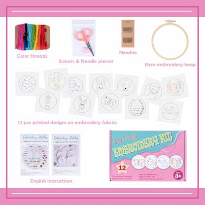 Louise Maelys 12 Pre-Stamped Embroidery Kits for Beginners, Cross Stitch for Kids Girls,DIY Needlepoint Craft Sewing,Practice Kit Supplies,Funny Cute Pattern,Perfect for Ages 8+ - color: 12 embroidery kits